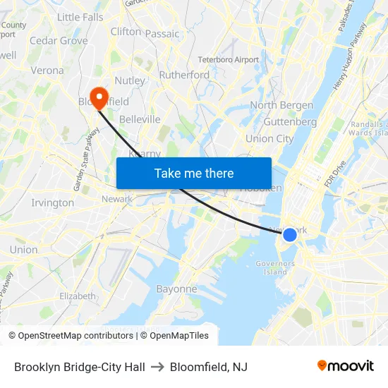 Brooklyn Bridge-City Hall to Bloomfield, NJ map