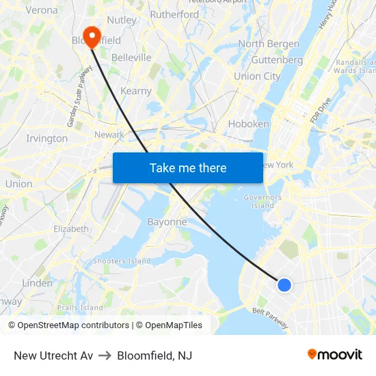 New Utrecht Av to Bloomfield, NJ map