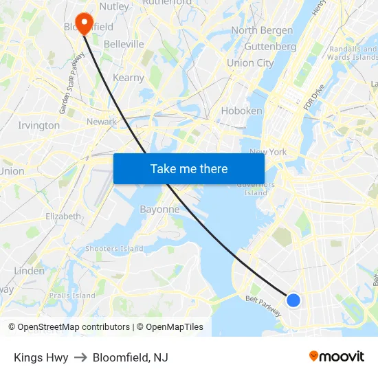 Kings Hwy to Bloomfield, NJ map