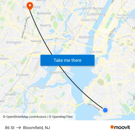 86 St to Bloomfield, NJ map