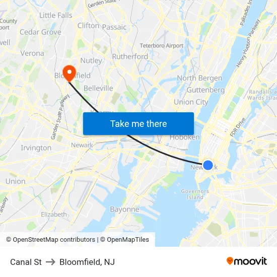 Canal St to Bloomfield, NJ map