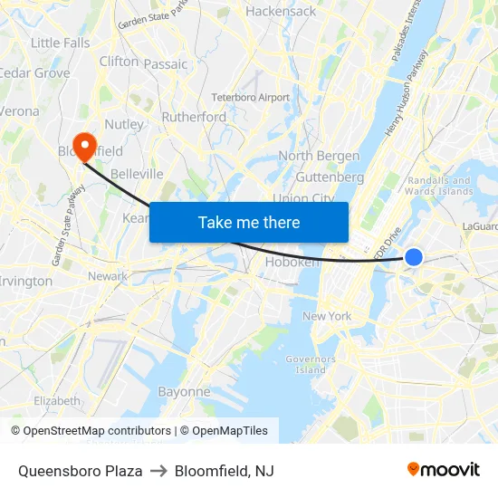 Queensboro Plaza to Bloomfield, NJ map