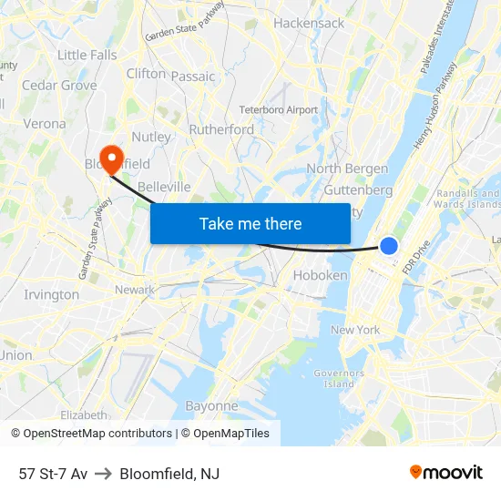 57 St-7 Av to Bloomfield, NJ map