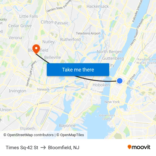 Times Sq-42 St to Bloomfield, NJ map