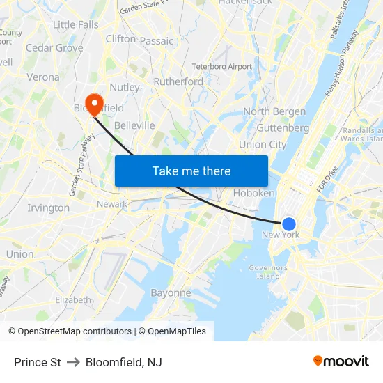 Prince St to Bloomfield, NJ map