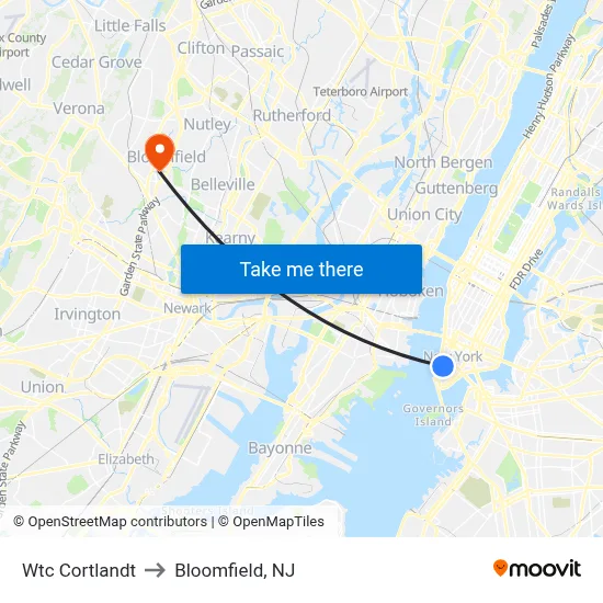 Wtc Cortlandt to Bloomfield, NJ map