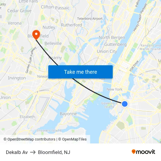 Dekalb Av to Bloomfield, NJ map