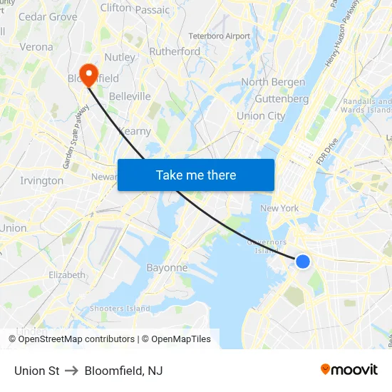 Union St to Bloomfield, NJ map