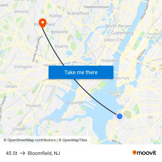 45 St to Bloomfield, NJ map