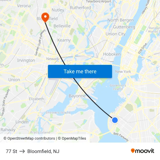 77 St to Bloomfield, NJ map