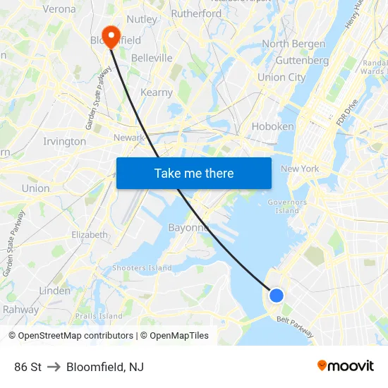 86 St to Bloomfield, NJ map