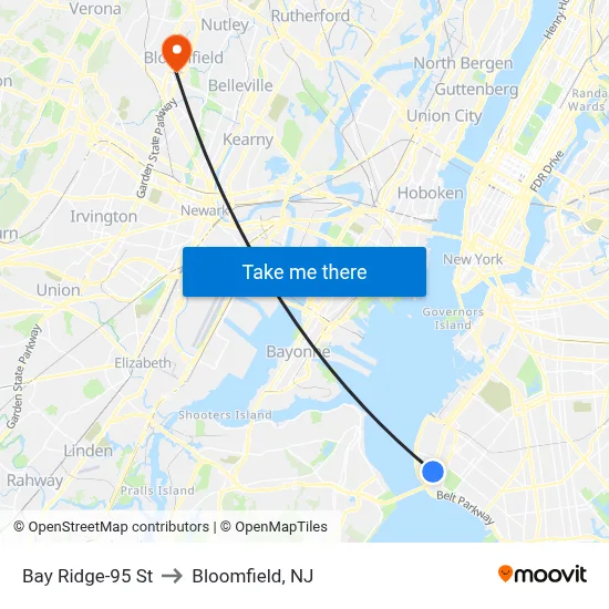 Bay Ridge-95 St to Bloomfield, NJ map