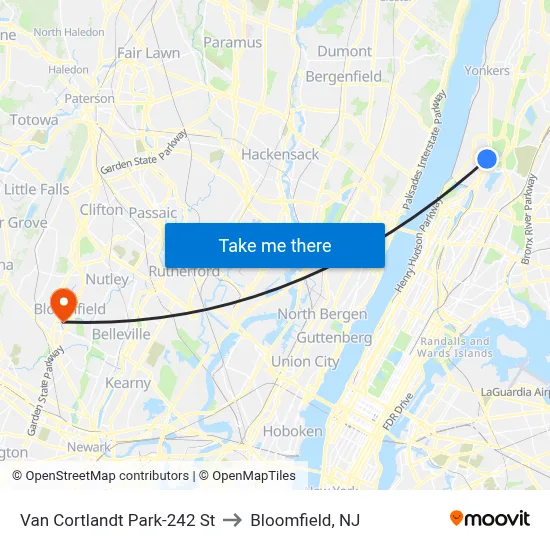 Van Cortlandt Park-242 St to Bloomfield, NJ map