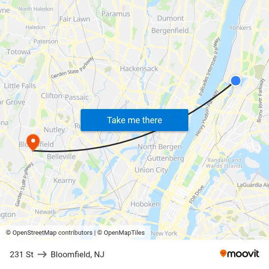 231 St to Bloomfield, NJ map