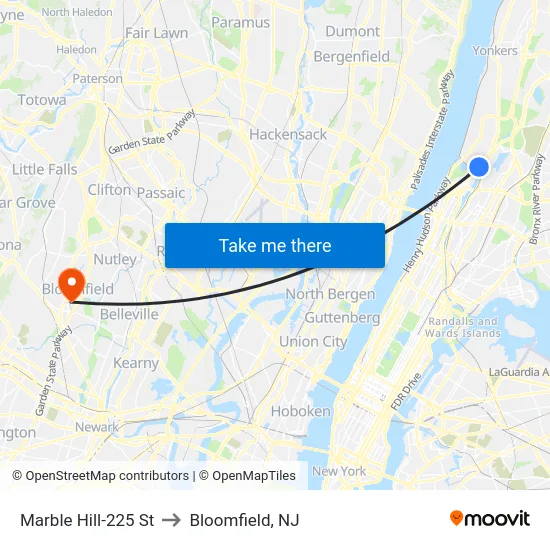 Marble Hill-225 St to Bloomfield, NJ map
