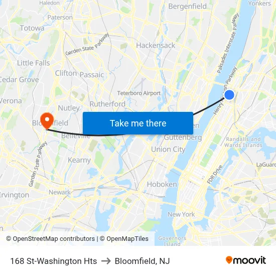 168 St-Washington Hts to Bloomfield, NJ map