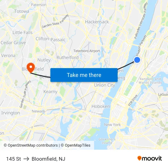 145 St to Bloomfield, NJ map