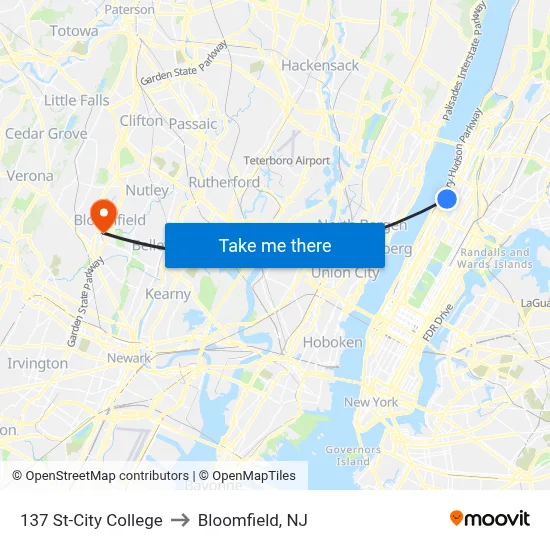 137 St-City College to Bloomfield, NJ map