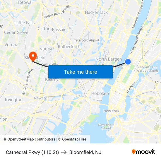 Cathedral Pkwy (110 St) to Bloomfield, NJ map