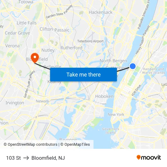 103 St to Bloomfield, NJ map