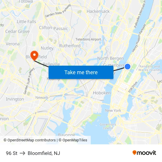 96 St to Bloomfield, NJ map