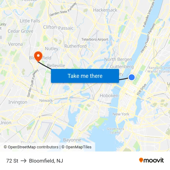 72 St to Bloomfield, NJ map