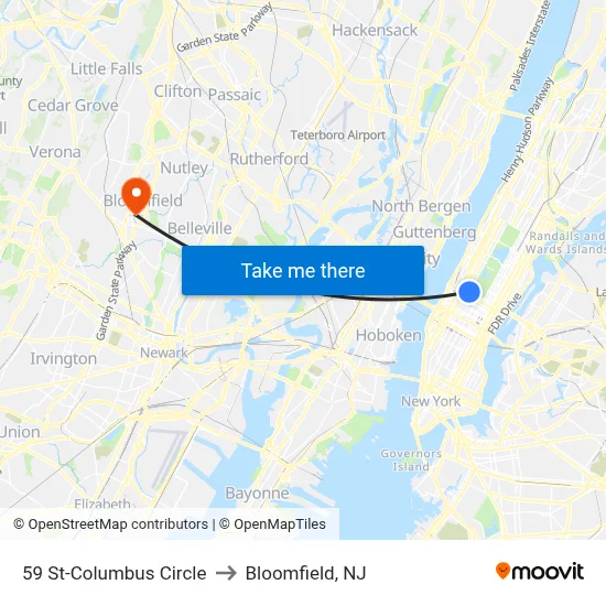 59 St-Columbus Circle to Bloomfield, NJ map
