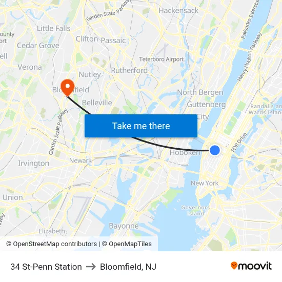 34 St-Penn Station to Bloomfield, NJ map