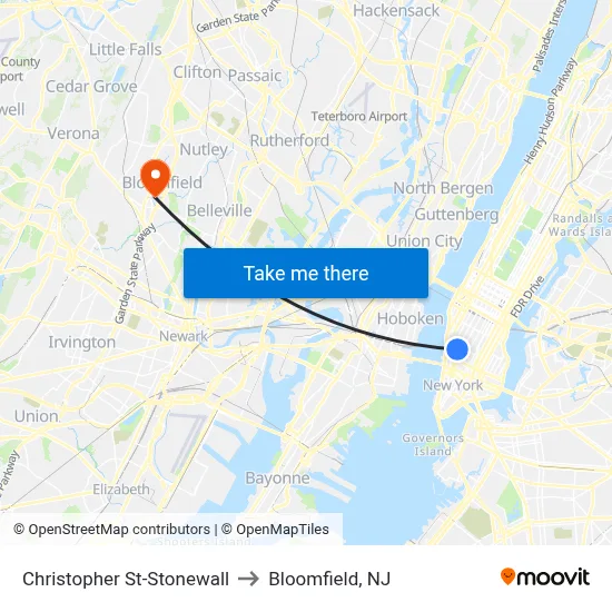 Christopher St-Stonewall to Bloomfield, NJ map