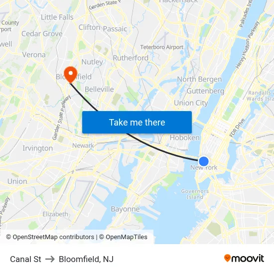 Canal St to Bloomfield, NJ map