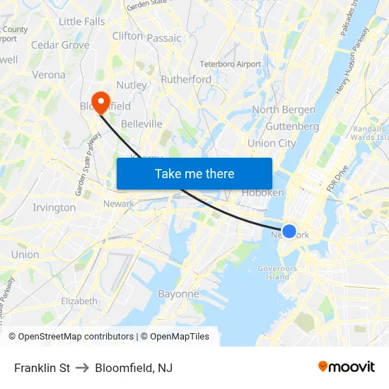 Franklin St to Bloomfield, NJ map