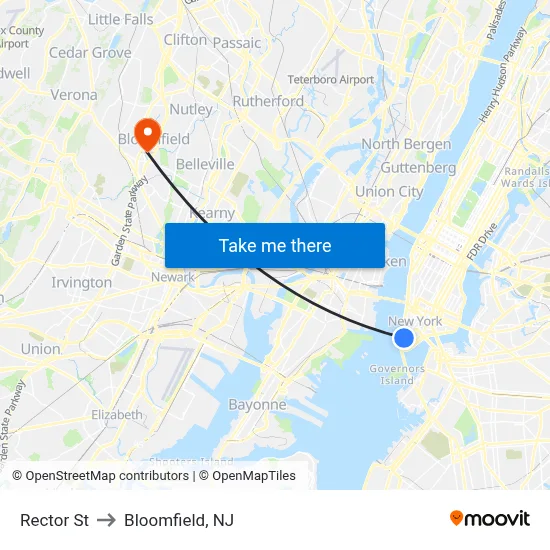 Rector St to Bloomfield, NJ map