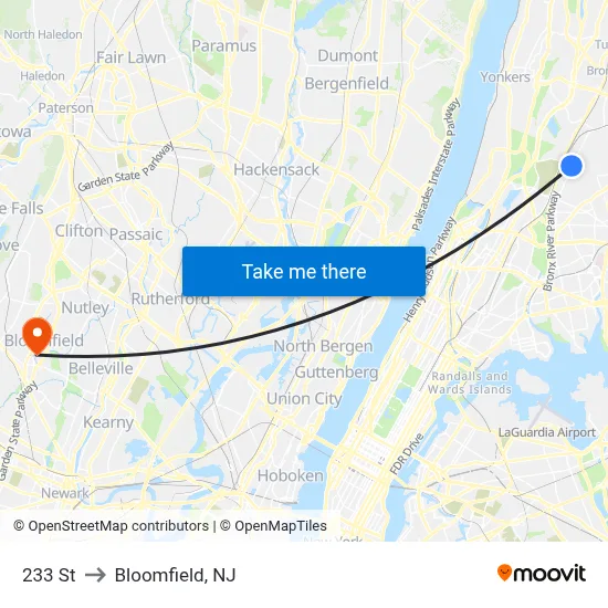 233 St to Bloomfield, NJ map