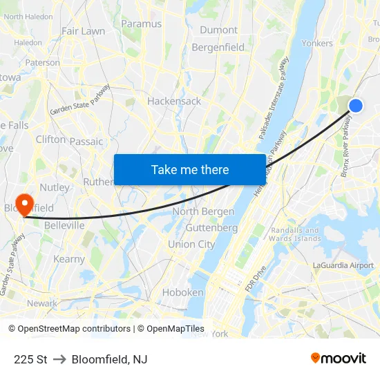 225 St to Bloomfield, NJ map