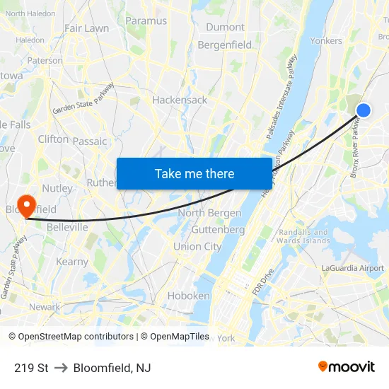 219 St to Bloomfield, NJ map