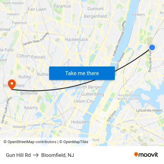 Gun Hill Rd to Bloomfield, NJ map