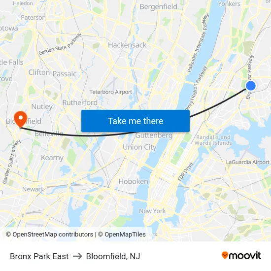 Bronx Park East to Bloomfield, NJ map