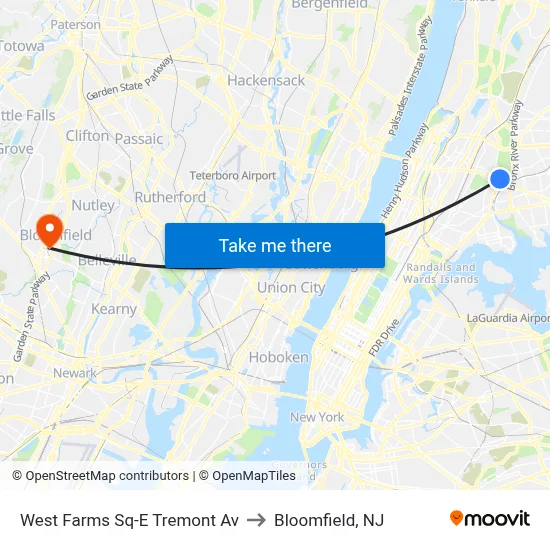 West Farms Sq-E Tremont Av to Bloomfield, NJ map