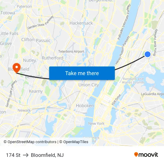 174 St to Bloomfield, NJ map