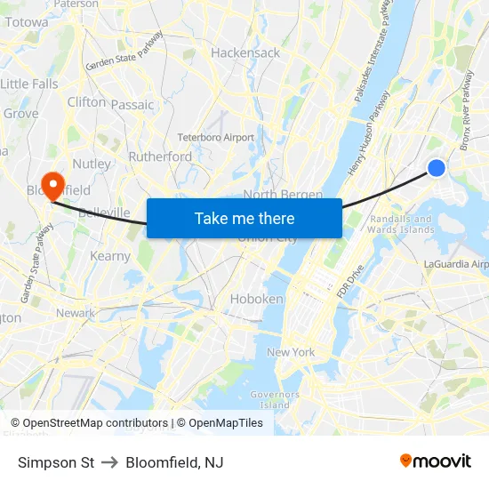Simpson St to Bloomfield, NJ map
