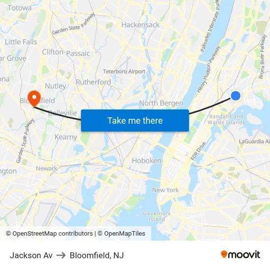 Jackson Av to Bloomfield, NJ map