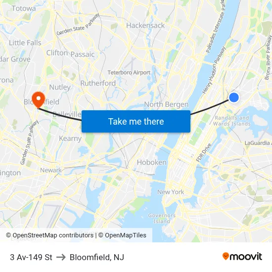 3 Av-149 St to Bloomfield, NJ map