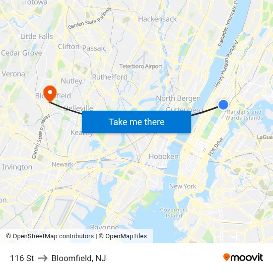 116 St to Bloomfield, NJ map