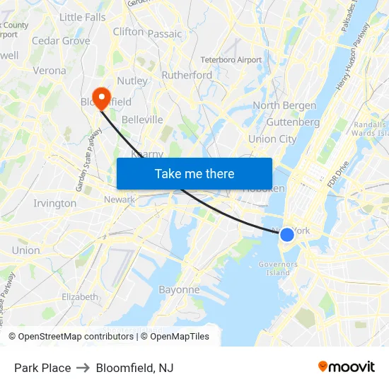 Park Place to Bloomfield, NJ map