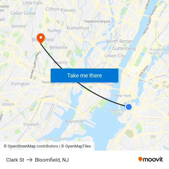 Clark St to Bloomfield, NJ map