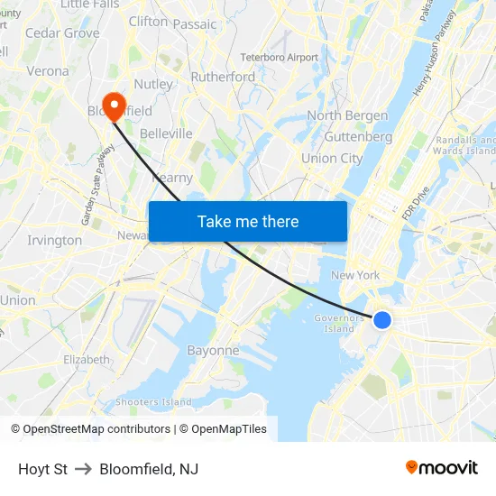 Hoyt St to Bloomfield, NJ map