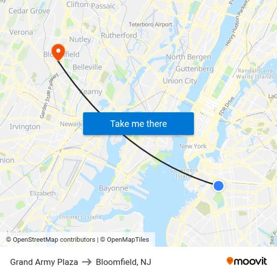 Grand Army Plaza to Bloomfield, NJ map