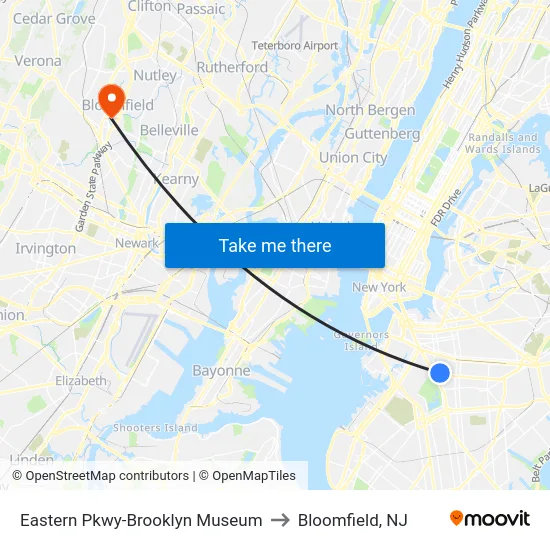 Eastern Pkwy-Brooklyn Museum to Bloomfield, NJ map