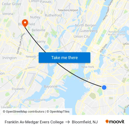 Franklin Av-Medgar Evers College to Bloomfield, NJ map