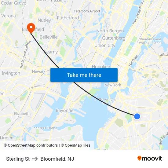 Sterling St to Bloomfield, NJ map